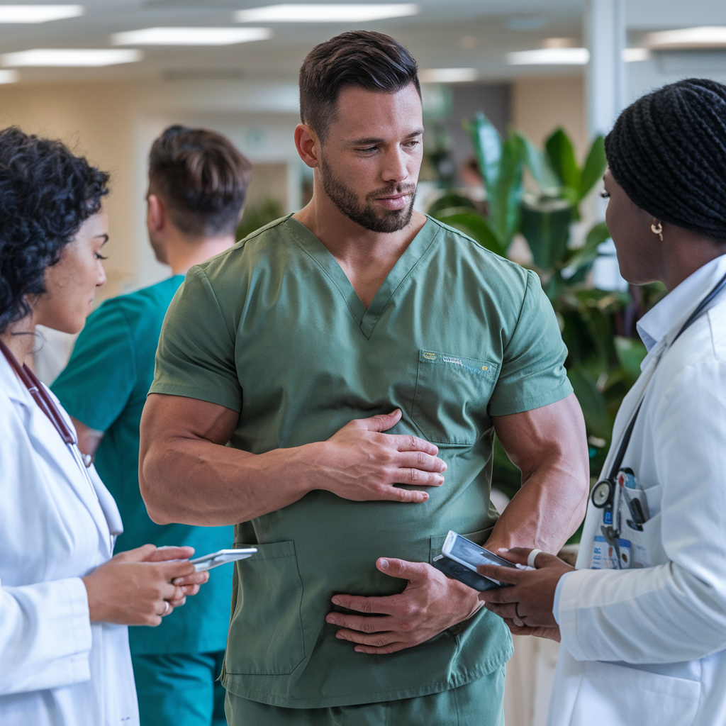 Muscular Dad-to-Be in Scrubs