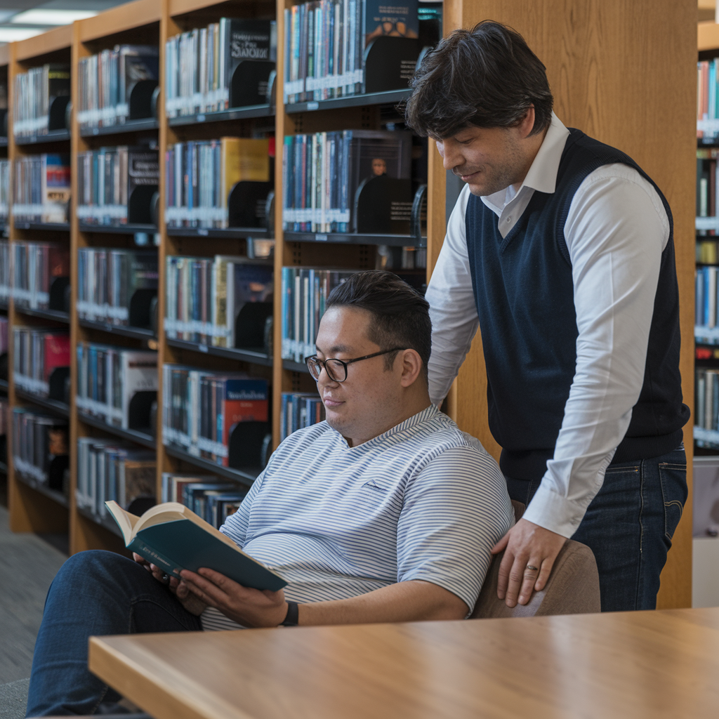 Expecting Dude in Cozy Library